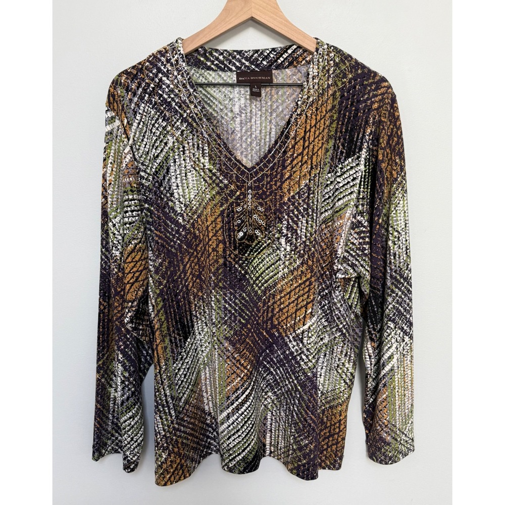 Dana Buchman Women's Beaded Neckline Colorful Long Sleeve Tunic Top Size Large
